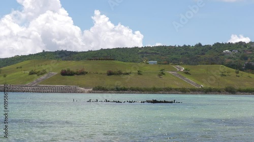 Medium close up footage of the Eloy S. Inos Peace Park, Saipan, Northern Mariana Islands viewed from the Smiling Cove Marina.