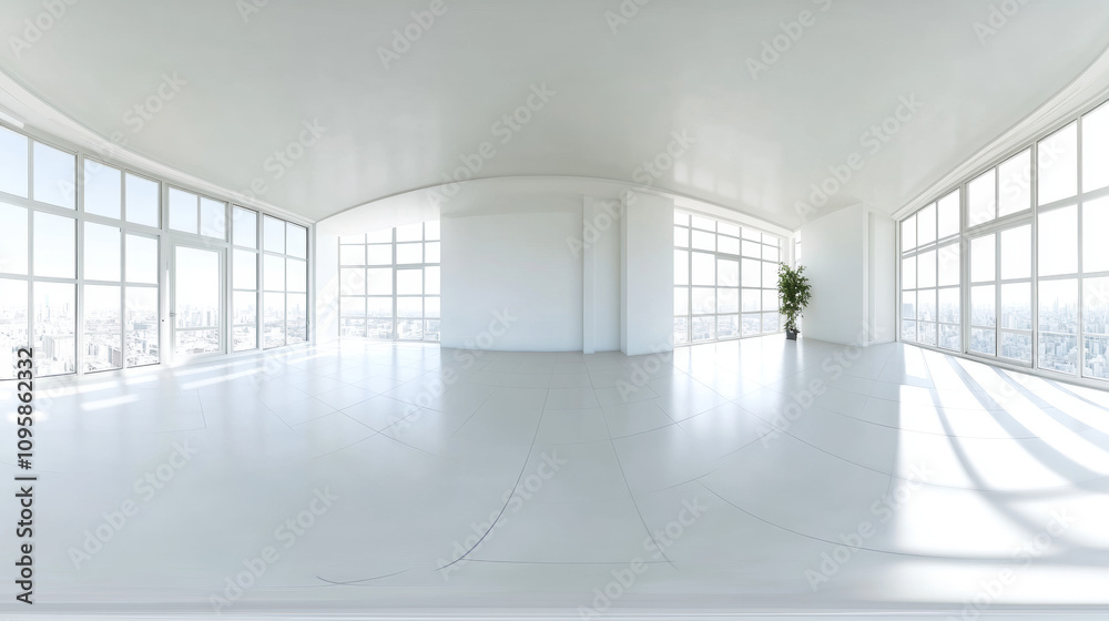 360 degree panorama view.A 3D image shows an empty, bright office loft. The floor is white tile, and it's daytime. This high-resolution image is perfect for virtual reality. 360 degree panorama view.A 3D image shows an empty, bright office loft. The floor is white tile, and it's daytime. This high-resolution image is perfect for virtual reality.