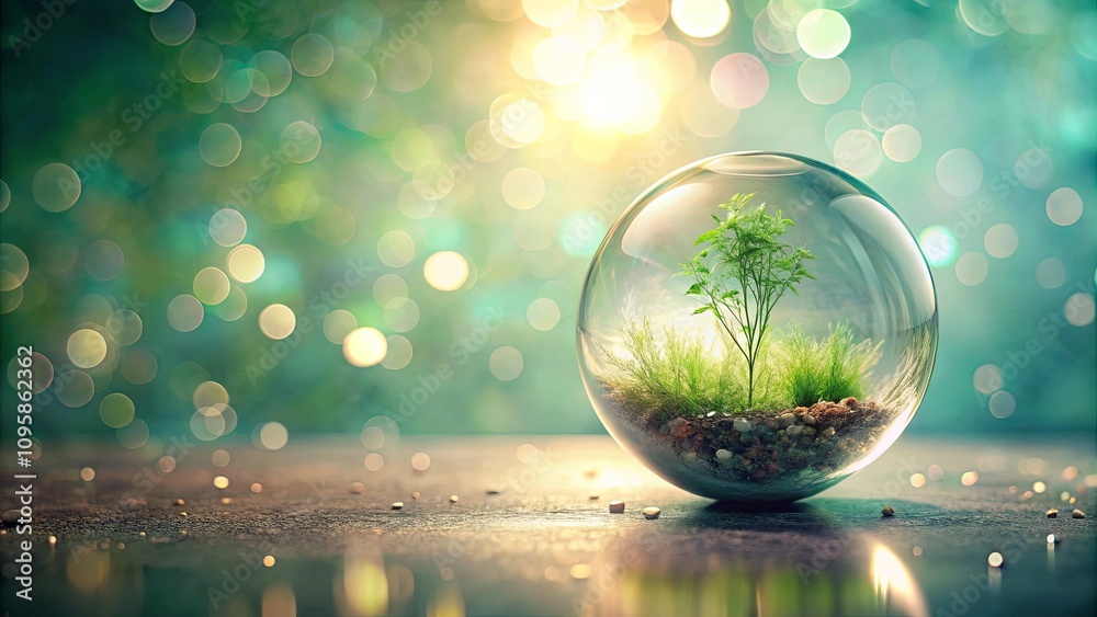 A small plant thrives within a transparent sphere, symbolizing environmental fragility and the importance of nature's preservation.