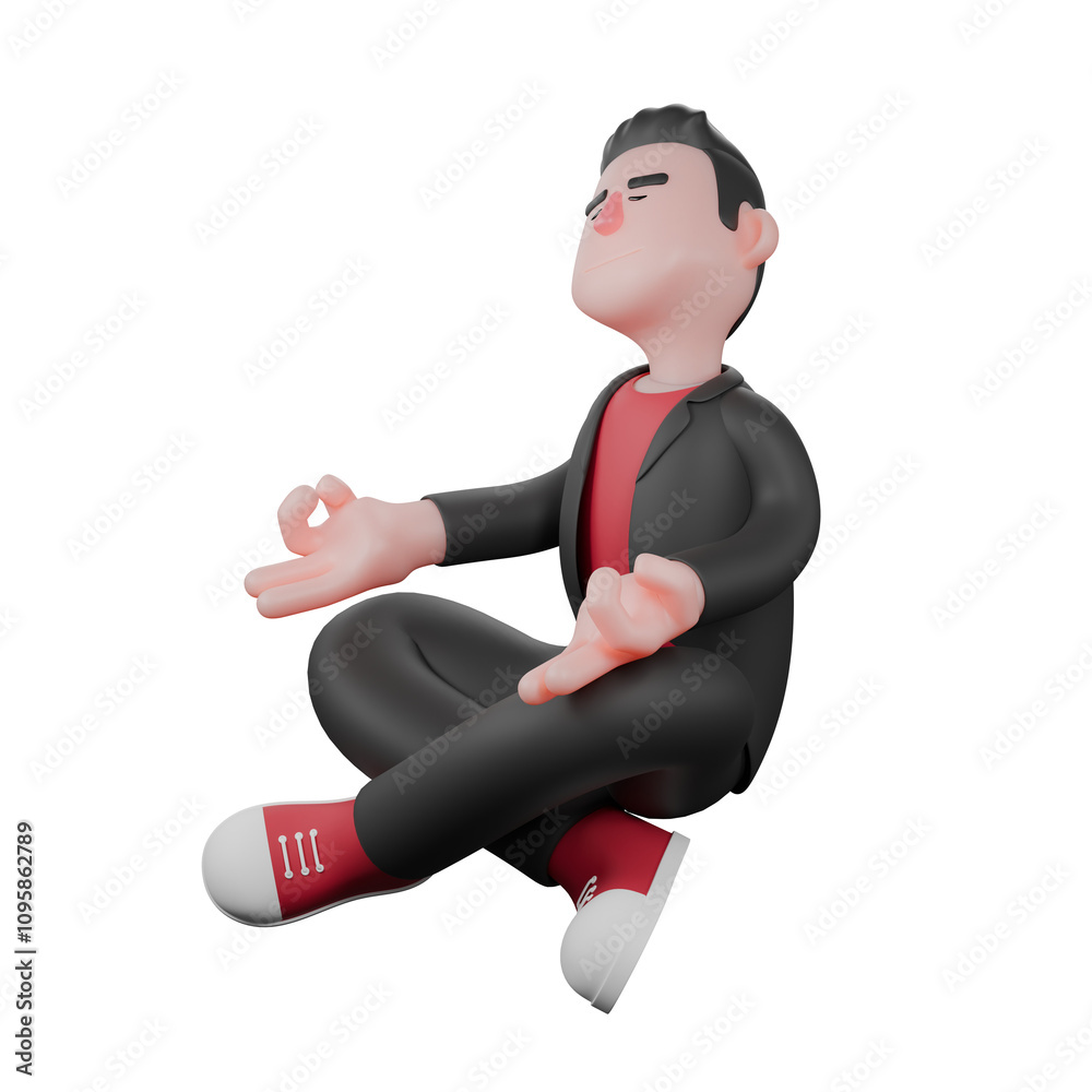 Dance Choreographer Cartoon Model. A male choreographer sits cross-legged on the floor with his hands on his knees with his fingers in the OK finger symbol facing upwards, as if doing yoga. 3D Artist Dance Choreographer Cartoon Model. A male choreographer sits cross-legged on the floor with his hands on his knees with his fingers in the OK finger symbol facing upwards, as if doing yoga. 3D Artist