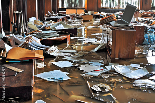 Office flooded with dirty water from a burst pipe