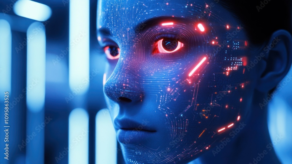 A futuristic face with digital patterns and glowing eyes, representing advanced technology. A futuristic face with digital patterns and glowing eyes, representing advanced technology.
