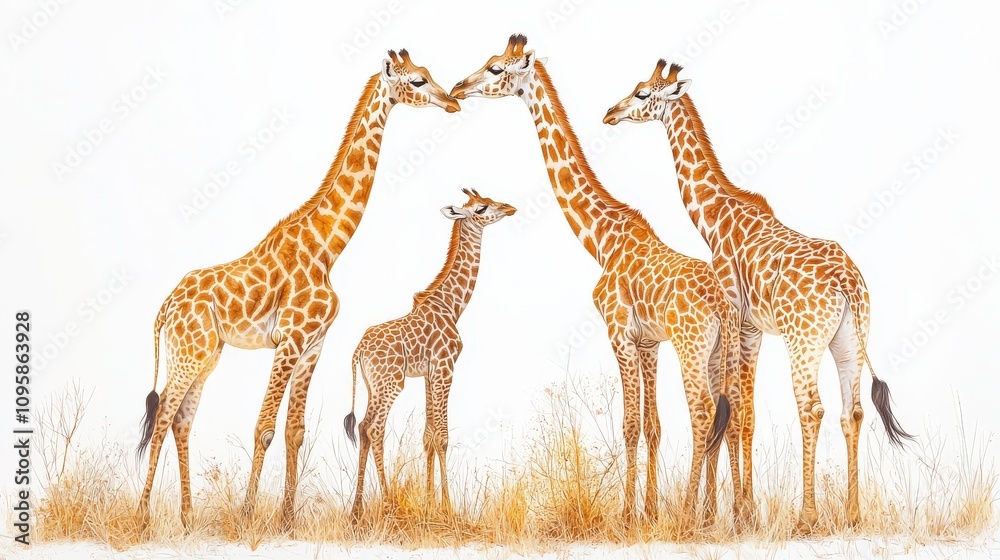 A family of giraffes, their long necks entwined in a graceful bond, depicted against a clean white canvas for clarity. A family of giraffes, their long necks entwined in a graceful bond, depicted against a clean white canvas for clarity.