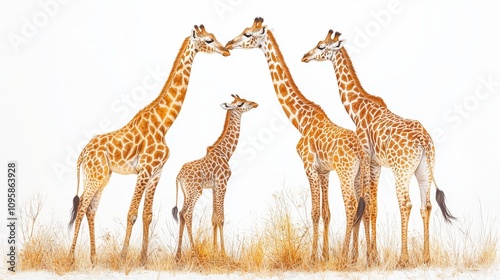 A family of giraffes, their long necks entwined in a graceful bond, depicted against a clean white canvas for clarity.