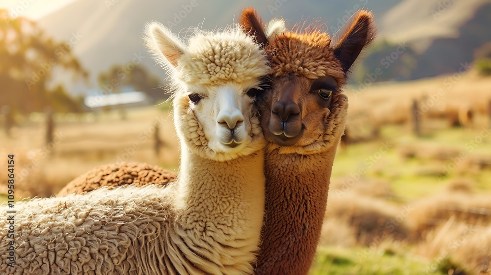 Obraz premium A pair of alpacas cuddle in a rural pasture