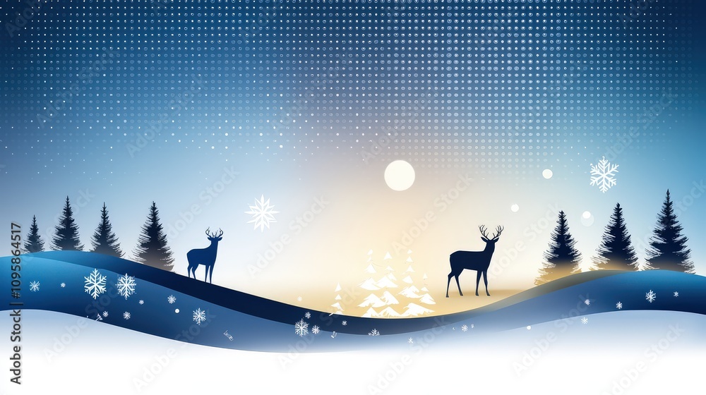 Fototapeta premium Abstract digital tech background in blue with a halftone pixel pattern , accented by Christmas silhouettes, ideal for science presentations.