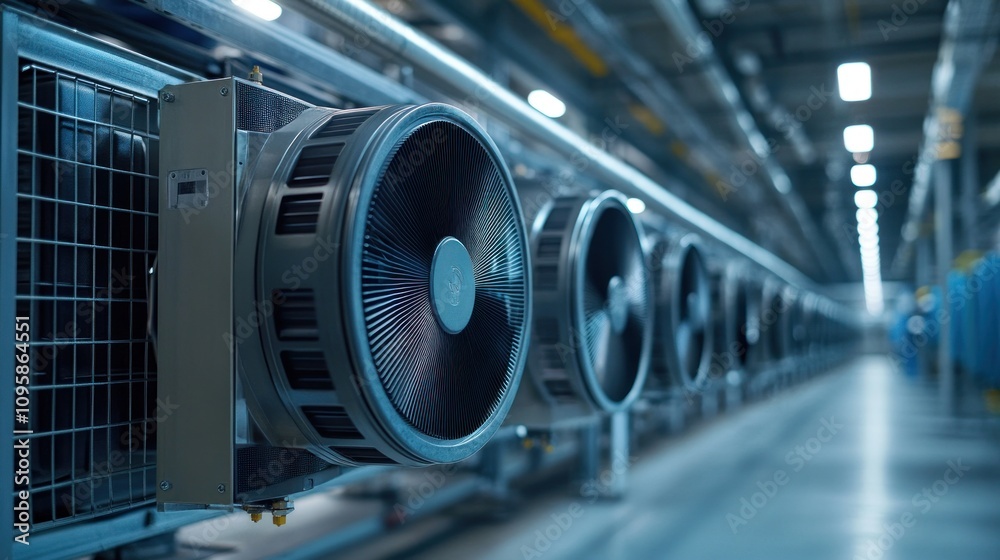 Industrial setting featuring large fans for ventilation or cooling. Industrial setting featuring large fans for ventilation or cooling.