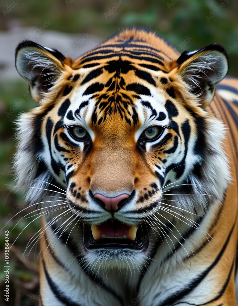 Fototapeta premium close-up look of the tiger with sharp teeth with blurred background.