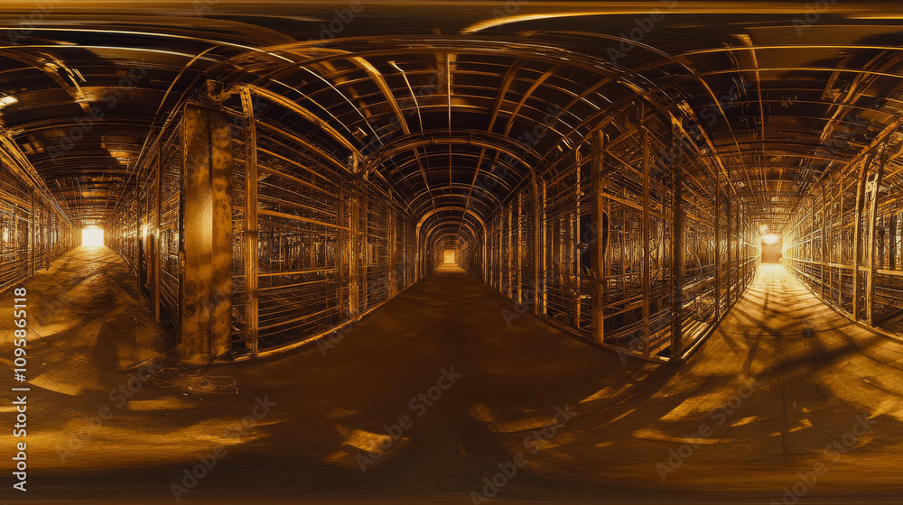 360 degree panorama view.A 3D image shows detailed light patterns shining through a metal framework in a dark hallway. It's a 360-degree virtual reality scene. 360 degree panorama view.A 3D image shows detailed light patterns shining through a metal framework in a dark hallway. It's a 360-degree virtual reality scene.