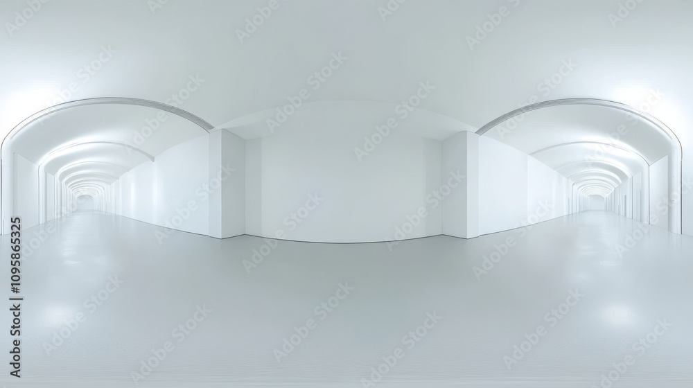 360 degree panorama view.A 3D picture shows an empty room. The walls and ceiling are white. It's a virtual reality view. 360 degree panorama view.A 3D picture shows an empty room. The walls and ceiling are white. It's a virtual reality view.