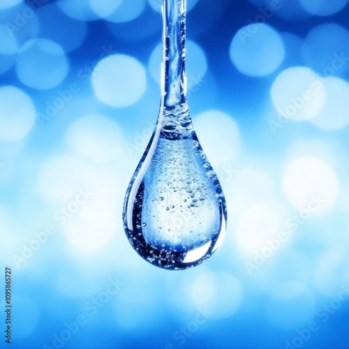 Close-up of a single, clear water droplet hanging, with a blurred blue background.