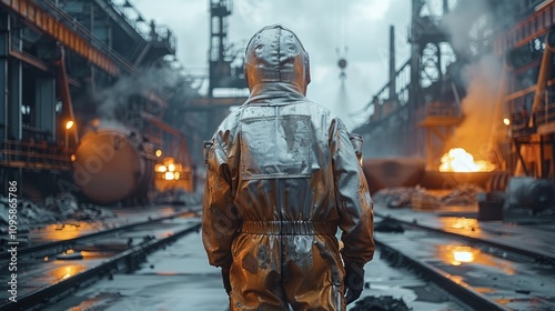 A worker in a modern foundry or metallurgical plant, wearing a full aluminized suit designed for high-temperature environments. photo