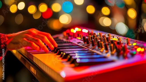 Close-up of a hand playing a synthesizer keyboard in a vibrant, colorful setting; perfect for music, entertainment, and nightlife concepts.