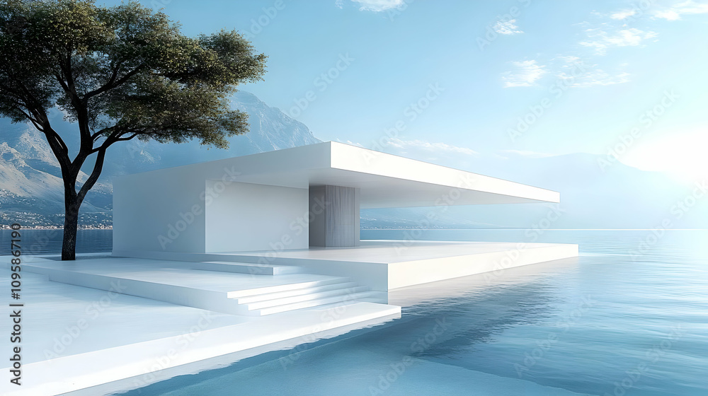 Modern Minimalist White House by the Sea 3D Illustration Modern Minimalist White House by the Sea 3D Illustration