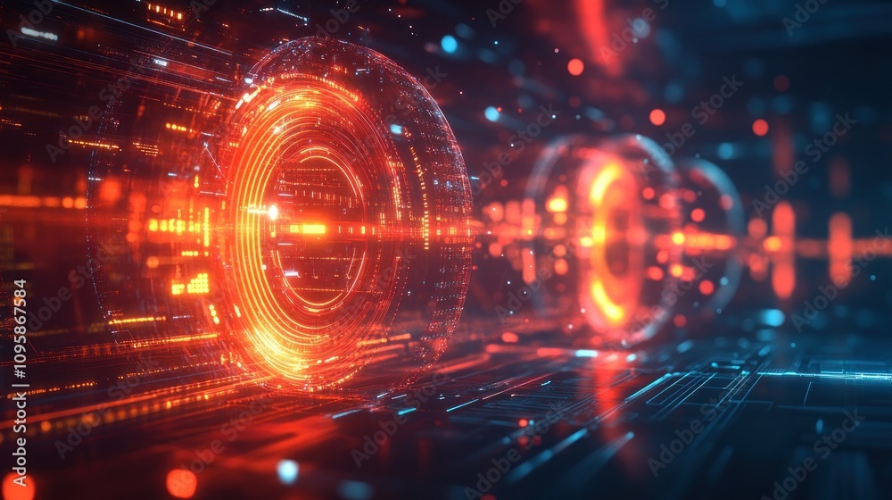 Obraz premium Abstract digital landscape with glowing circular patterns and data streams.