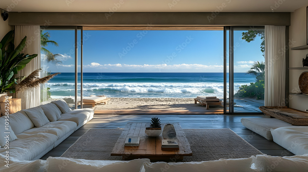 Fototapeta premium Ocean View Living Room Interior Design - Illustration