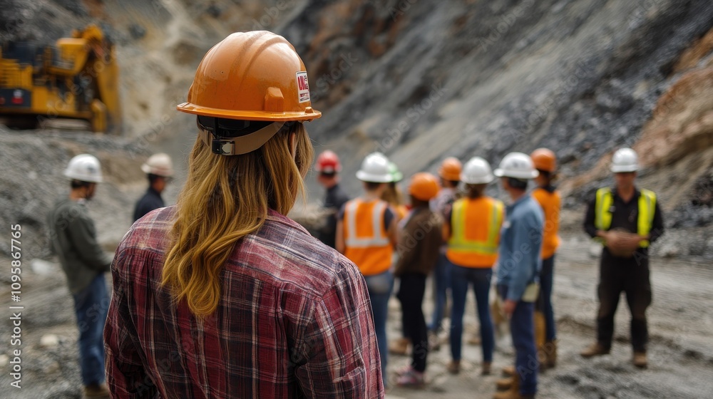 A group meeting at a construction site with safety helmets and equipment. A group meeting at a construction site with safety helmets and equipment.