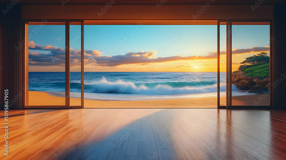Ocean View Through Glass Doors - Realistic Image Ocean View Through Glass Doors - Realistic Image