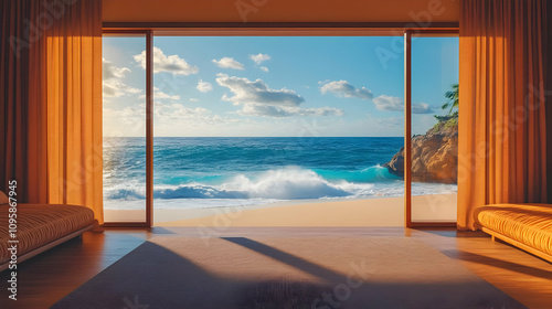 Ocean View Room with Sliding Glass Doors - 3D Illustration