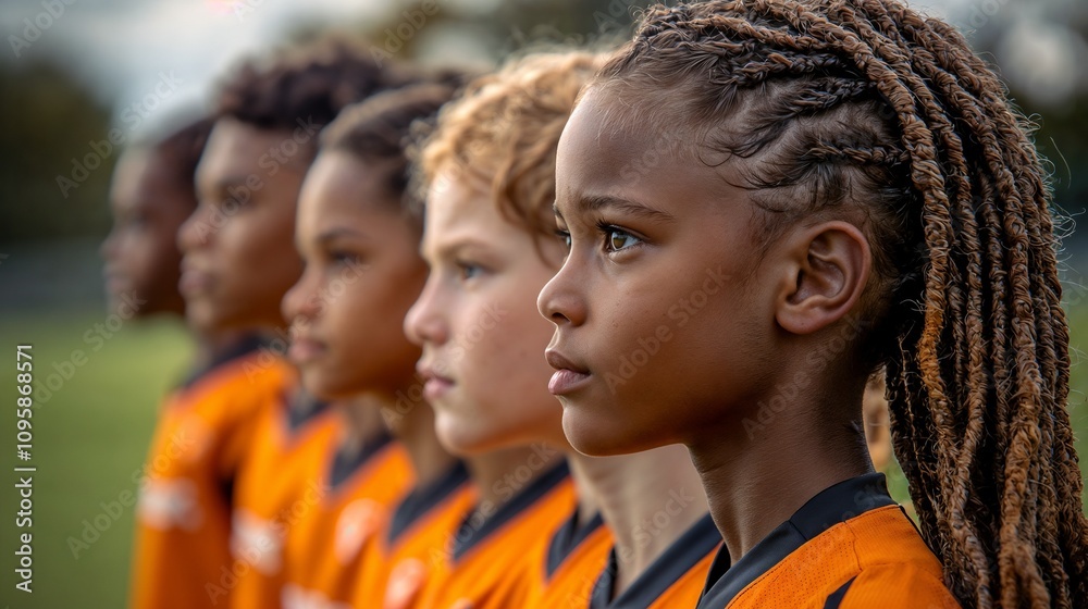 Focused young football players lined up in orange jerseys Focused young football players lined up in orange jerseys