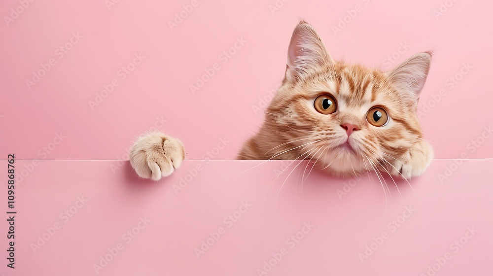 Adorably scottish cat peeking from behind a banner Isolated on pink background Adorably scottish cat peeking from behind a banner Isolated on pink background