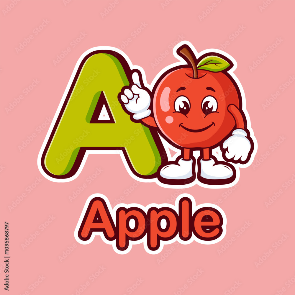 Fototapeta premium Apple cartoon mascot with letter A vector illustration