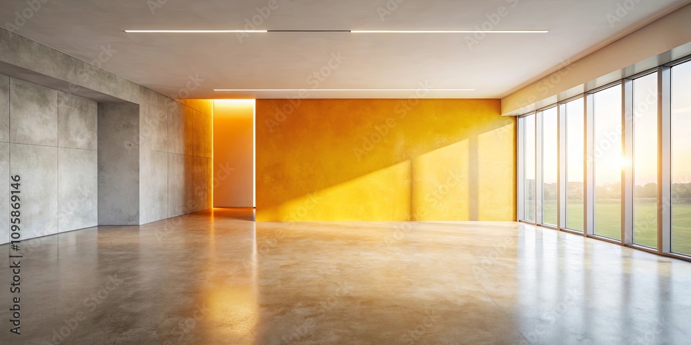 Modern minimalist interior design featuring a polished concrete floor, gray walls, and a vibrant yellow accent wall bathed in sunlight from expansive windows.