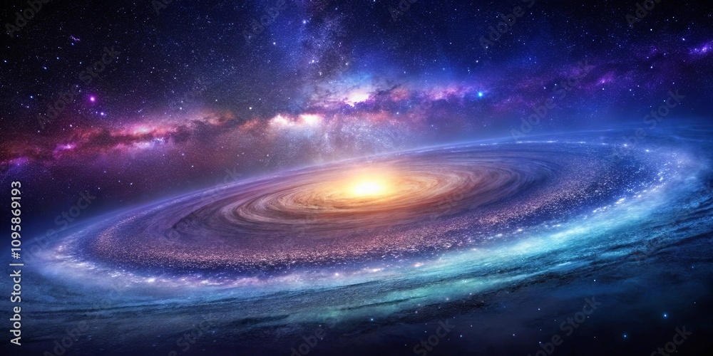 A vibrant spiral galaxy with a bright core, nestled amongst a field of distant stars and nebulae A vibrant spiral galaxy with a bright core, nestled amongst a field of distant stars and nebulae