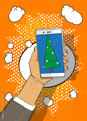 Cartoon Smartphone, comic book Telephone with Christmas decorated pine tree. Retro vector comics pop art design.