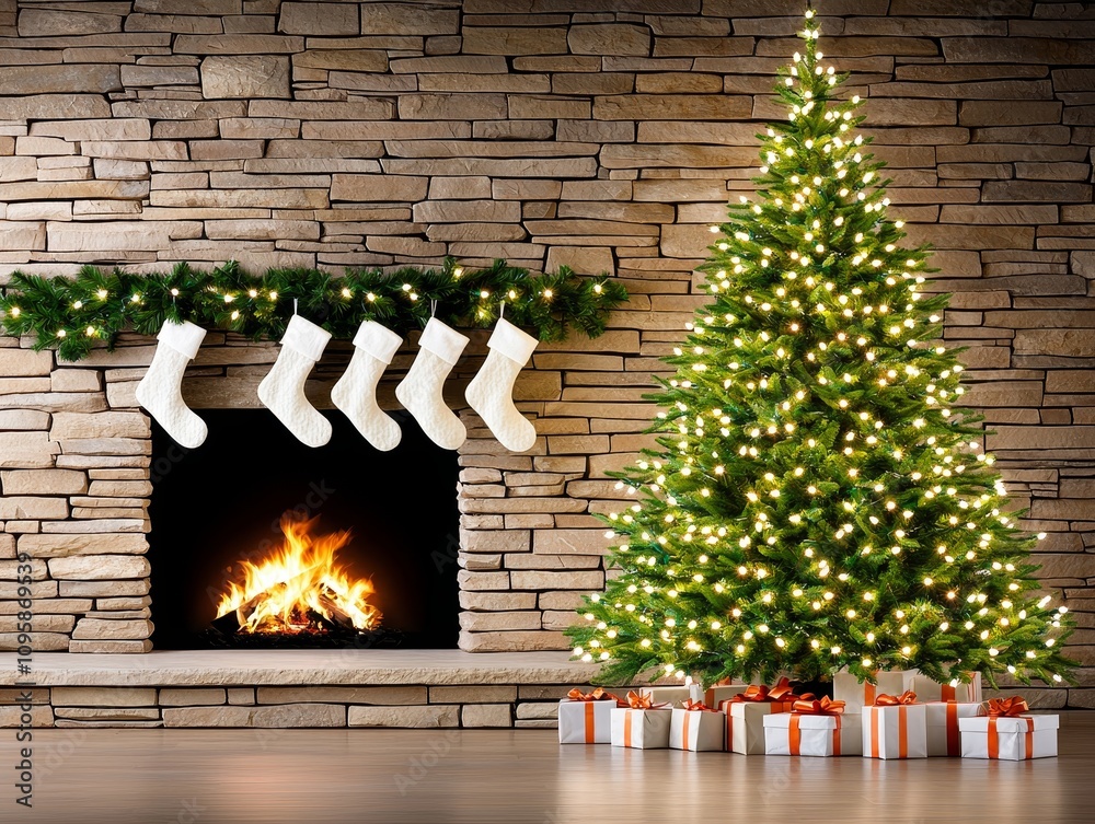 Fototapeta premium Festive Christmas Fireplace Tree Gifts Holiday Decor