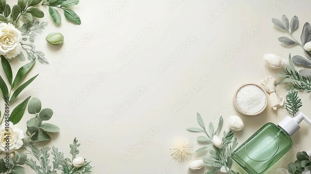 Elegant Flat Lay of Green Bottle with Floral Elements, Natural Ingredients, and Soft Textures for Wellness, Relaxation, and Spa-Themed Designs or Advertisements Elegant Flat Lay of Green Bottle with Floral Elements, Natural Ingredients, and Soft Textures for Wellness, Relaxation, and Spa-Themed Designs or Advertisements
