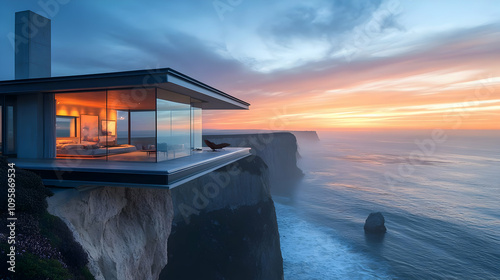 Glass House on a Cliff at Sunset - Realistic Image