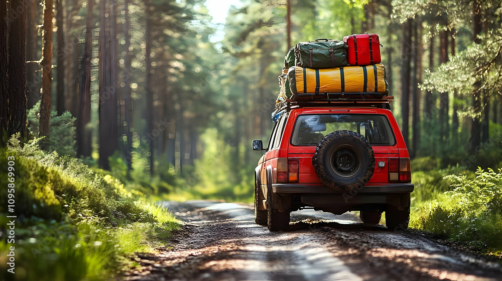 Obraz premium Red Car on Forest Road with Luggage on Roof - Realistic Image