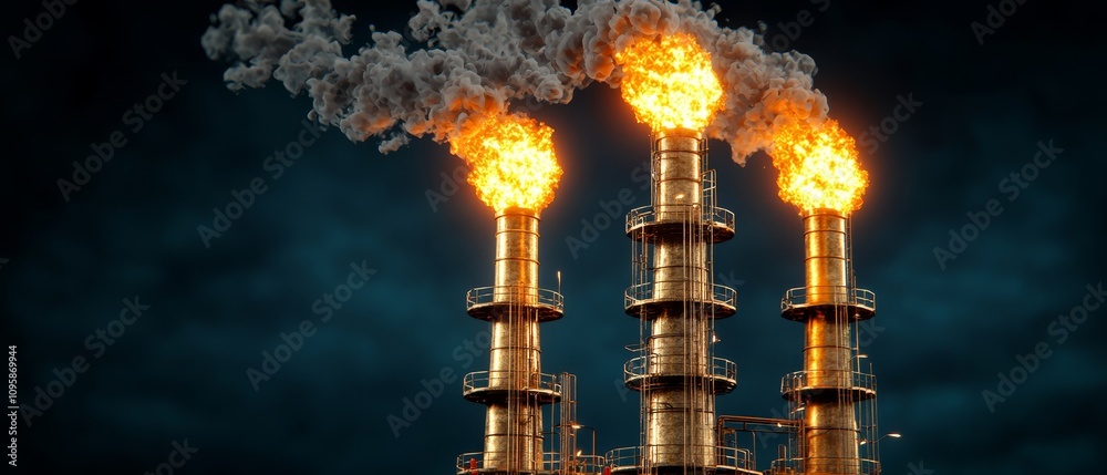 Fototapeta premium Industrial Flare Stacks Night Pollution Refinery Energy Smoke Fire