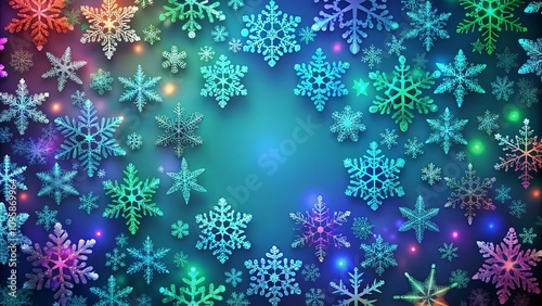 A Festive Background Featuring an Array of Sparkling, Multicolored Snowflakes on a Vibrant Teal Gradient