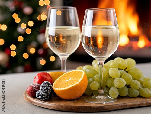 Festive White Wine Fruit Fireplace Cozy Winter Celebration photo