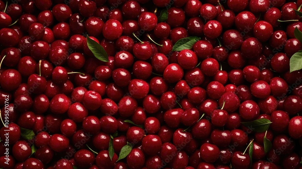 Fresh Ripe Red Cherries with Leaves Creating a Vibrant Summer Harvest Background. A vibrant background of fresh, ripe red cherries featuring some green leaves, highlighting their natural beauty. Fresh Ripe Red Cherries with Leaves Creating a Vibrant Summer Harvest Background. A vibrant background of fresh, ripe red cherries featuring some green leaves, highlighting their natural beauty.