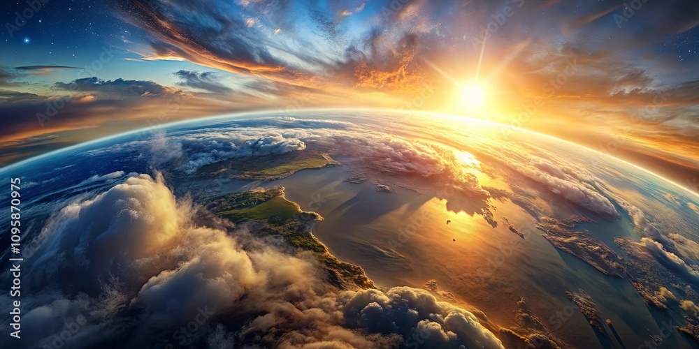 A breathtaking sunrise over the planet, showcasing the beauty of land and sea from a high-altitude perspective A breathtaking sunrise over the planet, showcasing the beauty of land and sea from a high-altitude perspective
