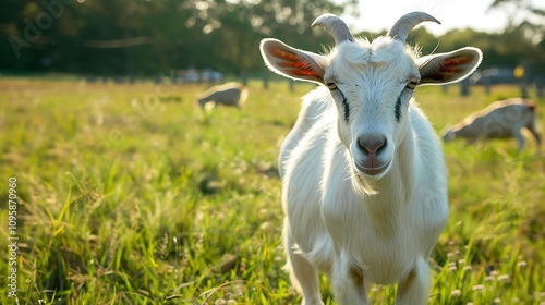 An up close view of a goat in a farm pasture