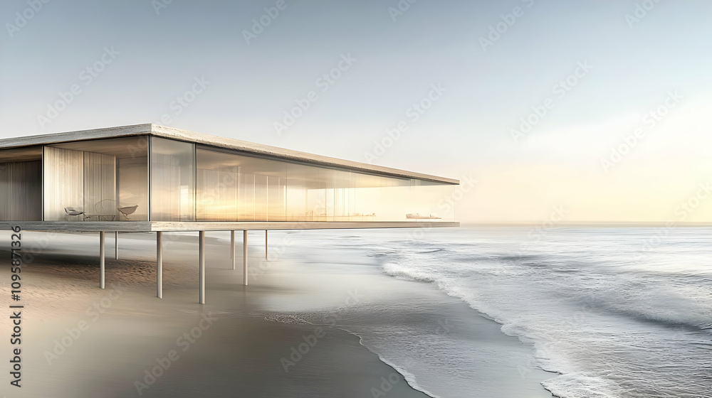 Modern Glass House on Stilts at the Beach - Illustration Modern Glass House on Stilts at the Beach - Illustration