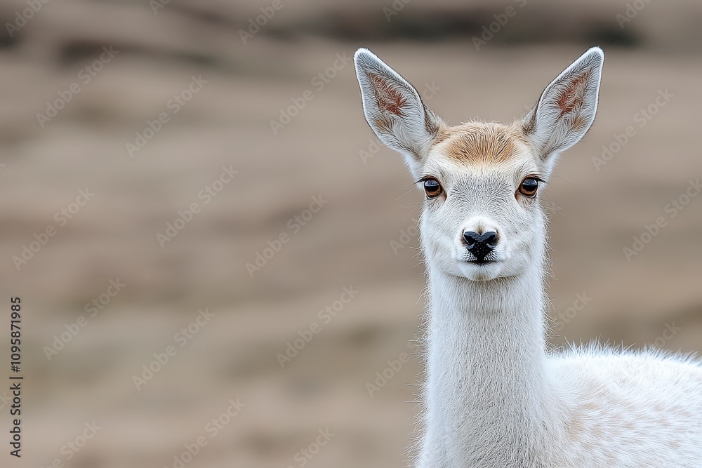 Close-up of a young, white fallow deer facing the camera in a blurred natural background. Close-up of a young, white fallow deer facing the camera in a blurred natural background.