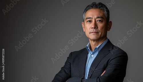 Confident Asian man in his 50s wearing a business suit with arms crossed, expressing determination and professionalism in a neutral background.