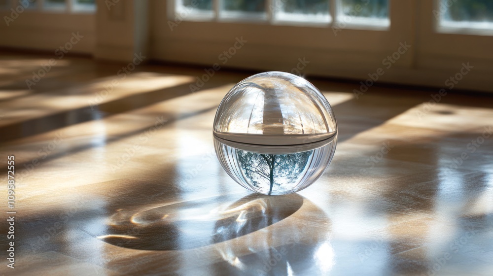 Fototapeta premium A clear spherical object casting shadows on a wooden floor, reflecting light.