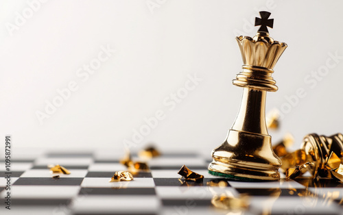 Golden chess king piece on board with scattered gold pieces photo