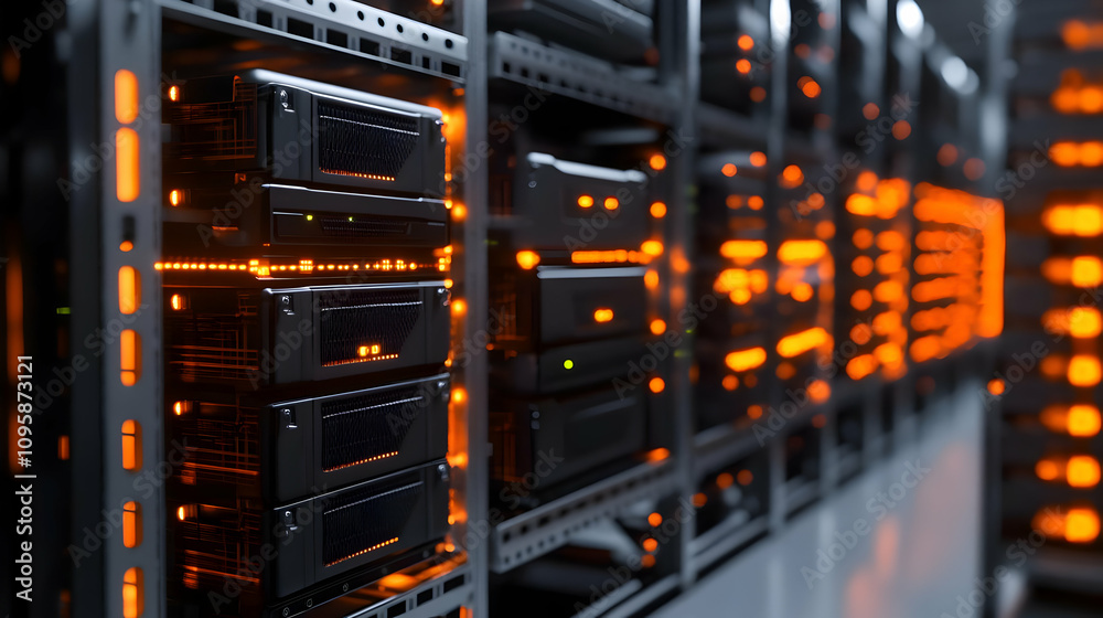 Server Rack with Orange Lights - 3D Illustration Server Rack with Orange Lights - 3D Illustration