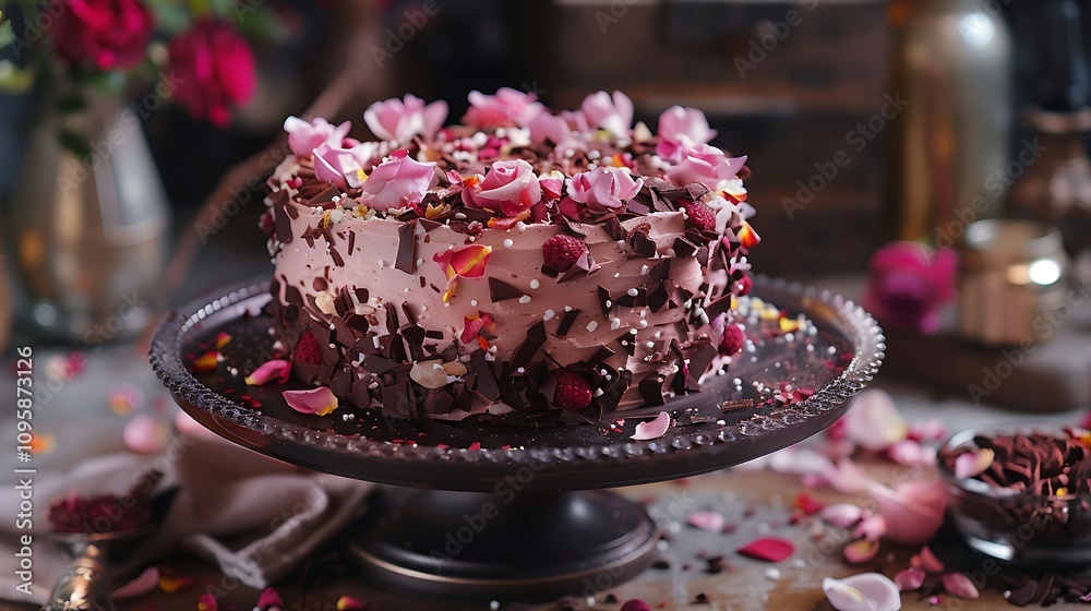 Cake loaded with chocolate and rose petals Cake loaded with chocolate and rose petals