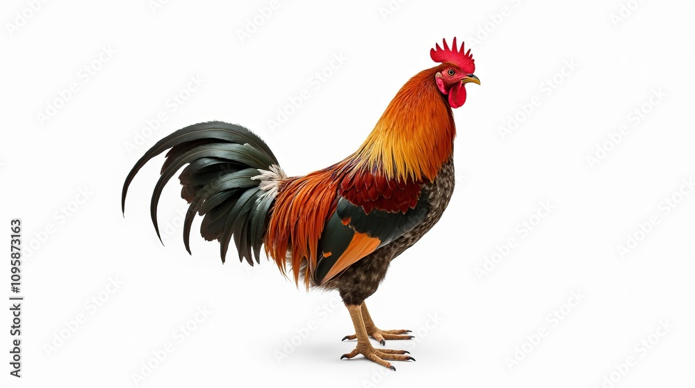 Colorful Rooster in Side View Isolated on White Background Colorful Rooster in Side View Isolated on White Background