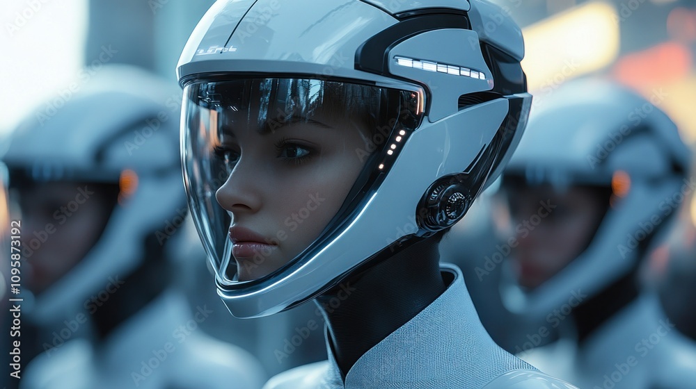 Futuristic humanoid figures in sleek helmets and suits, suggesting advanced technology. Futuristic humanoid figures in sleek helmets and suits, suggesting advanced technology.