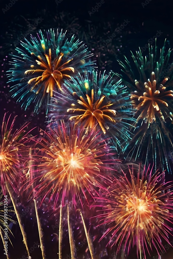 Fototapeta premium Abstract colored fireworks background with beautiful fireworks lighting up the night sky. Bokeh effect