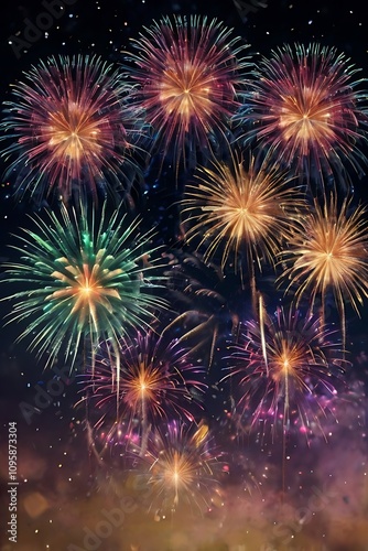Abstract colored fireworks background with beautiful fireworks lighting up the night sky. Bokeh effect